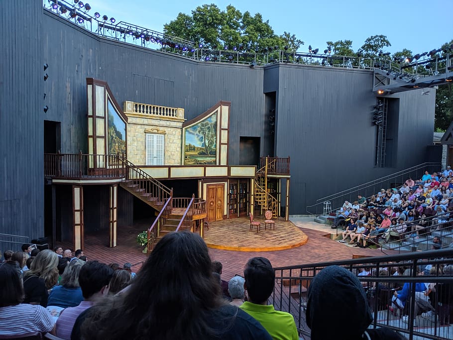 theater, stage, set, outdoor, illinois shakespeare, festival, group of people, real people, men, built structure