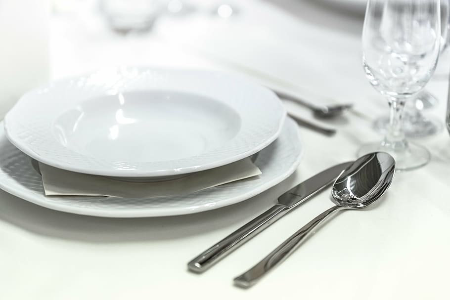 stainless, steel knife, white, ceramic, plate, wedding reception, banquet, tableware, cutlery, wedding