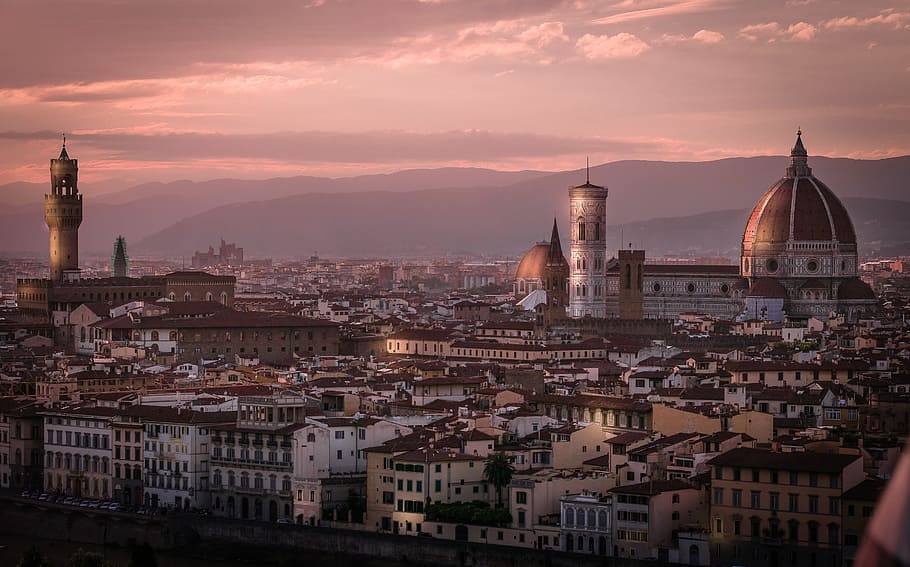 white, brown, mosque, surrounded, buildings, florence, sunset, city, old, italy