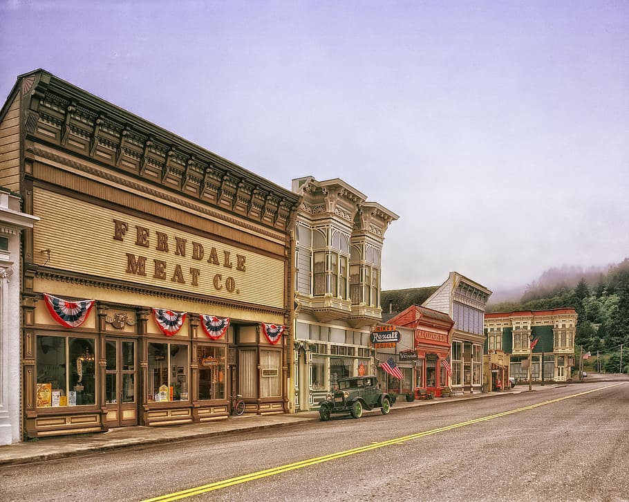 feendale meat co, co., store, ferndale, california, downtown, buildings, town, hdr, sky