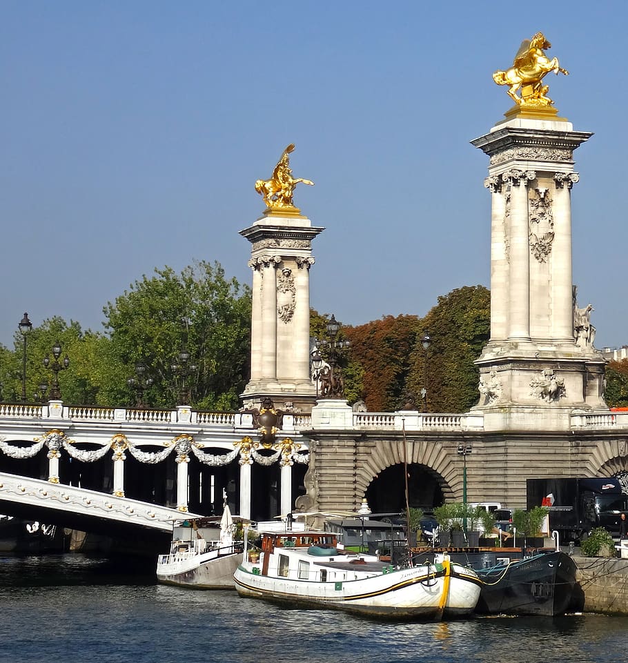 paris, columns, bridge, france, architecture, pont, landmark, alexandre, cityscape, seine