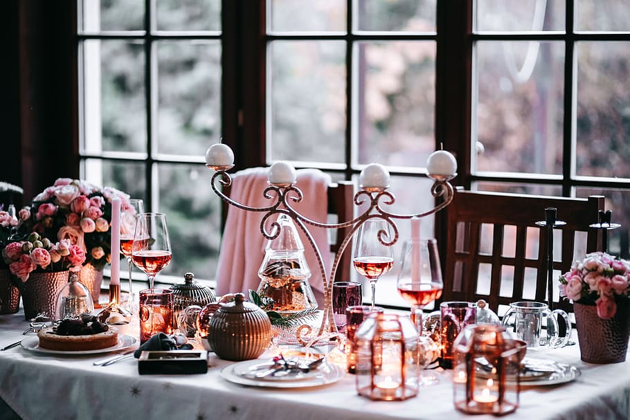 mesa, decorações, jogo de mesa, rosa, feriado, glamour, Natal, comida e bebida, vidro, interior