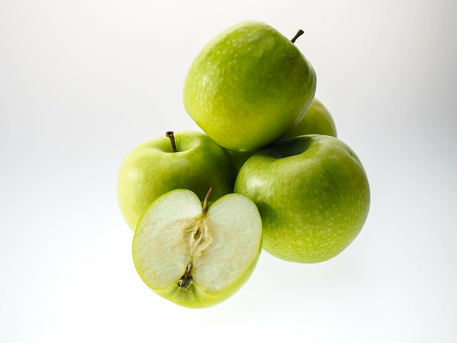 cinco, verde, frutas de manzana, manzana, fruta, apfelernte, rodajas de manzana, frutas, kernobstgewaechs, comer