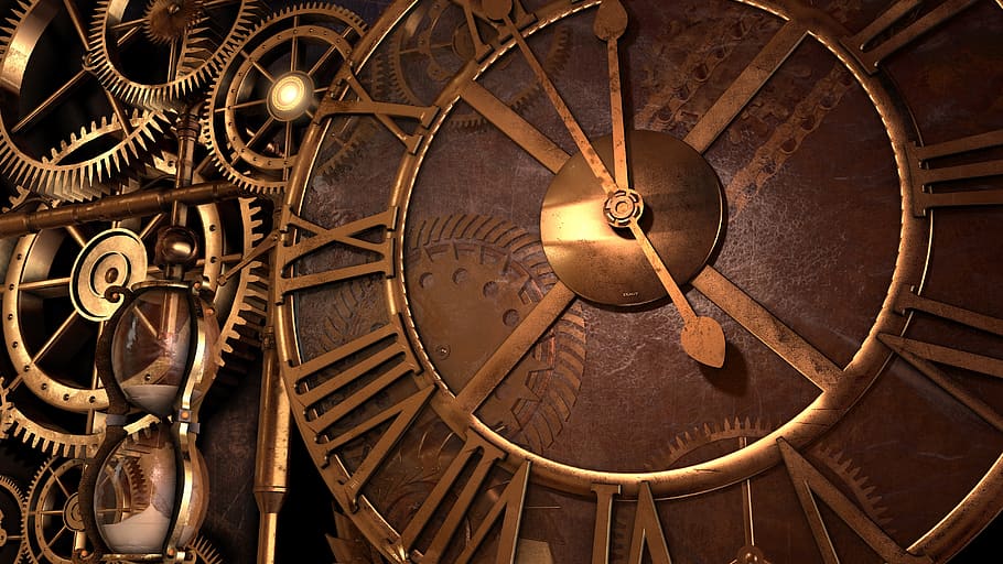Steampunk, reloj, tiempo, antigüedad, fantasía, fondo, engranajes, antiguo, máquina, diseño
