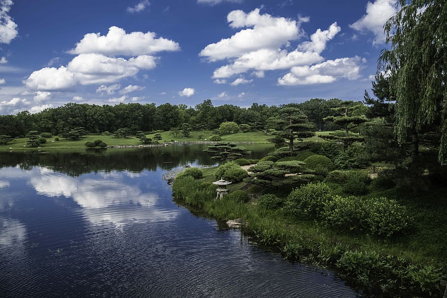 Sky, Clouds, Japanese Gardens, lake, landscape, landscapes, public domain, trees, water, nature