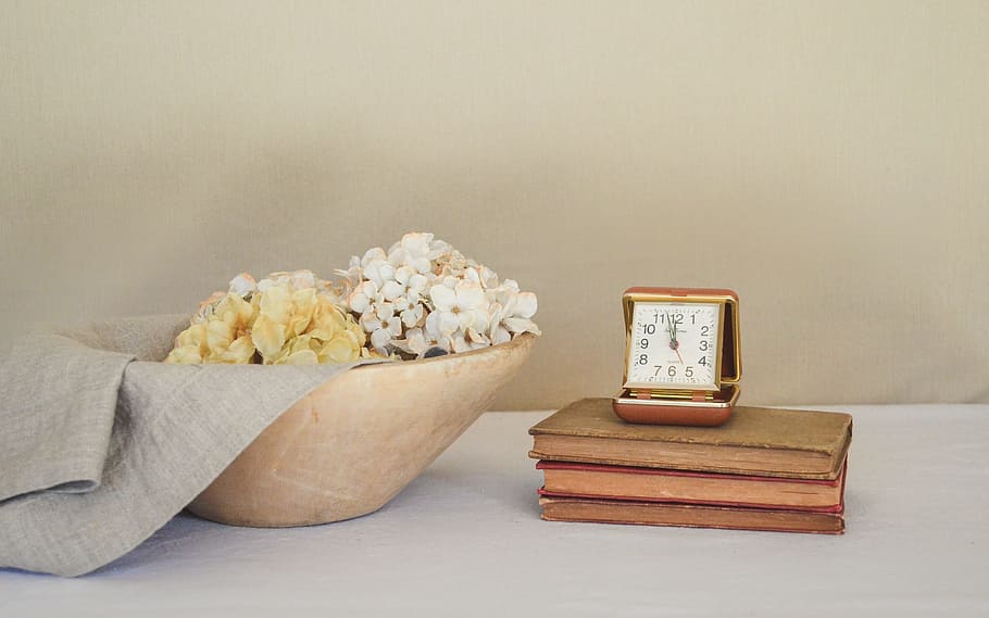 books, vintage, clock, time, bowl, wooden, texture, neutral colors, background, flowers