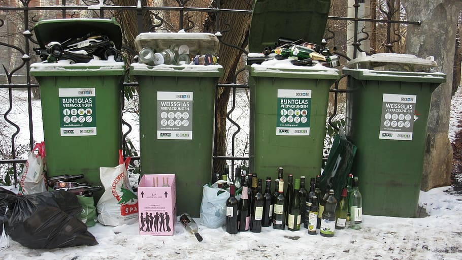 recycled glass, garbage, bottles, recycling, waste disposal, glass container, alcohol, new year's eve, day after tomorrow, alcohol abuse