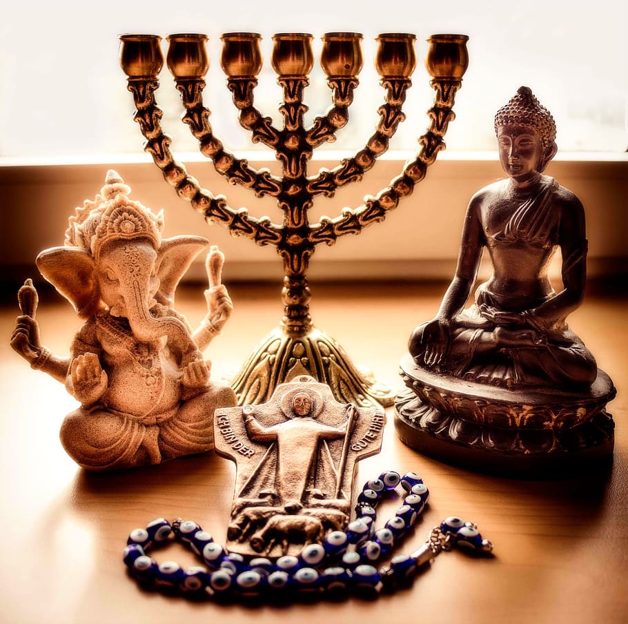 gold-colored candelabra, two, buddha, ganesha figurines, World Religions, Menorah, religion, ganesh, cross, christianity