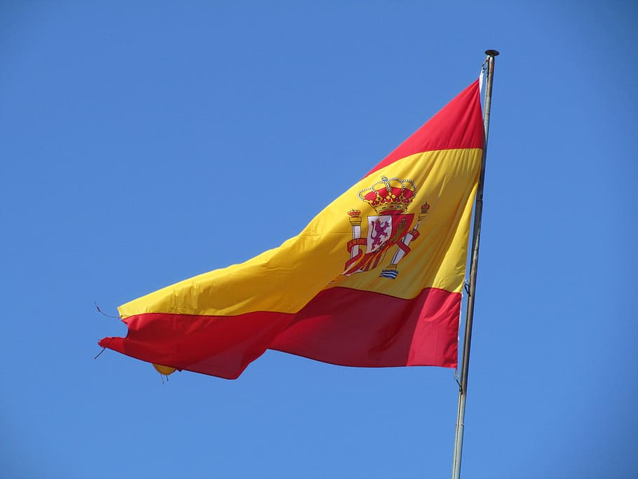 flag, spain, sky, wind, holiday, fluttering, spanish, patriotism, yellow, blue