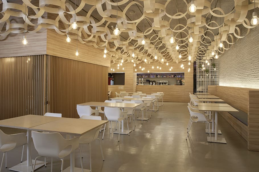 white, wooden, table, set, inside, building, Interior Design, Cafe, Restaurant, Bar