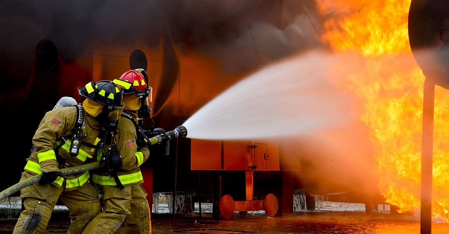 two, fireman, holding, fire hose, water, splashes, flame, firefighters, training, live