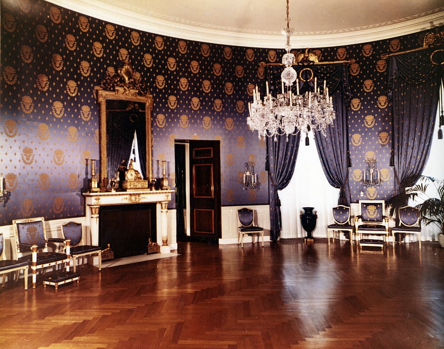 gray, white, crystal uplight pendant chandelier, the white house, 1952, blue room, washington dc, wood floor, reflections, wallpaper