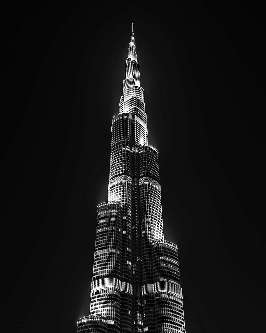 luces del edificio, dubai, noche, blanco y negro, emiratos, árabes, emiratos árabes unidos, rascacielos, feriados, paisaje