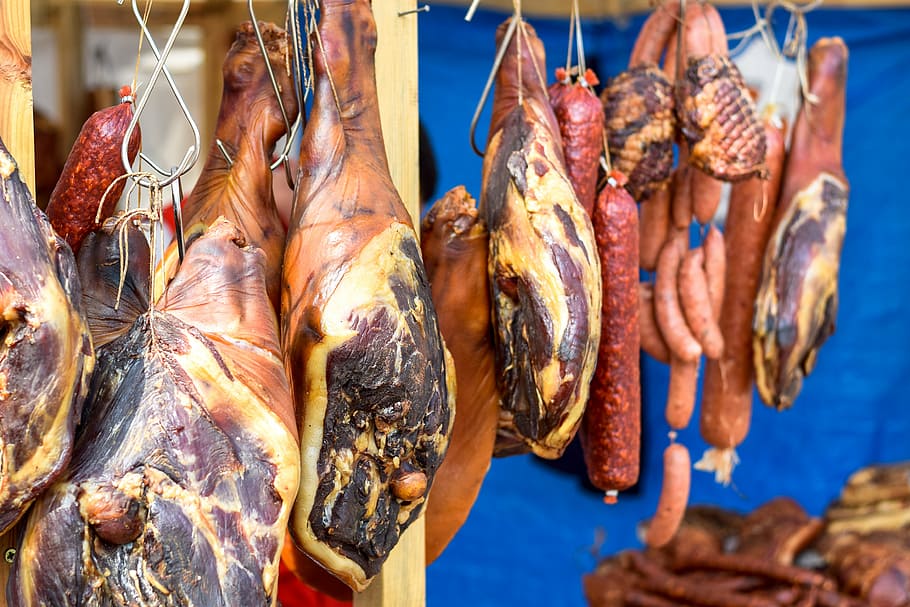 smoked, meat, sausages, food, ham, food and drink, market, freshness, hanging, for sale