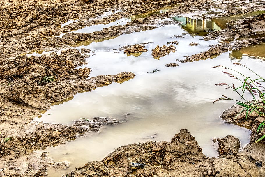 puddle, mud, water, water puddle, mirroring, reflection, dirt, contrast, hdr, clouds
