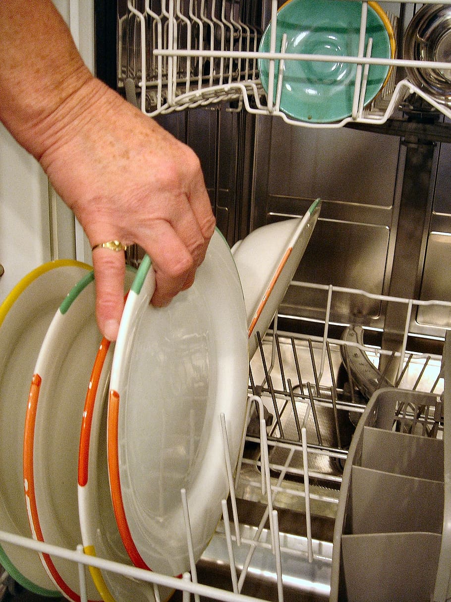 four, assorted-color, ceramic, plates, grant dishwasher, tableware, dishwasher, kitchen, budget, human hand