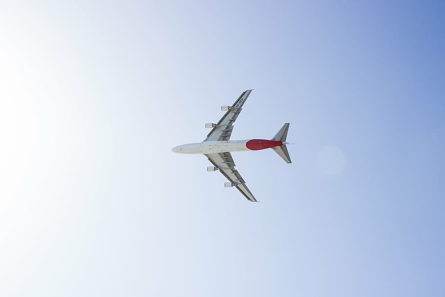 fotografía de ángulo bajo, blanco, rojo, avión, en el aire, azul, cielo, durante el día, aviación, vuelo