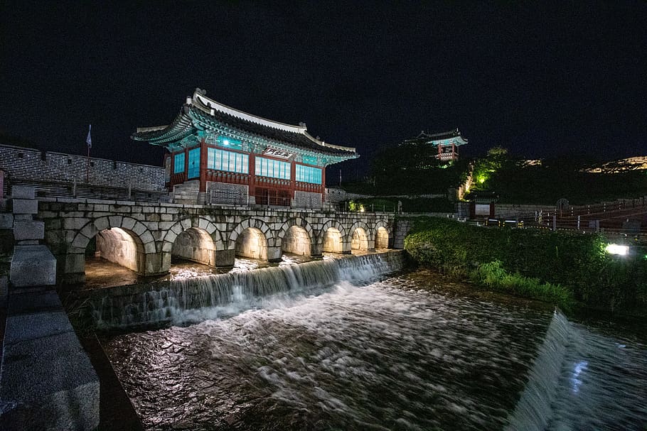 suwon hwaseong, huahong professional, gutter, night view, cool to, world cultural heritage, water, architecture, built structure, building exterior
