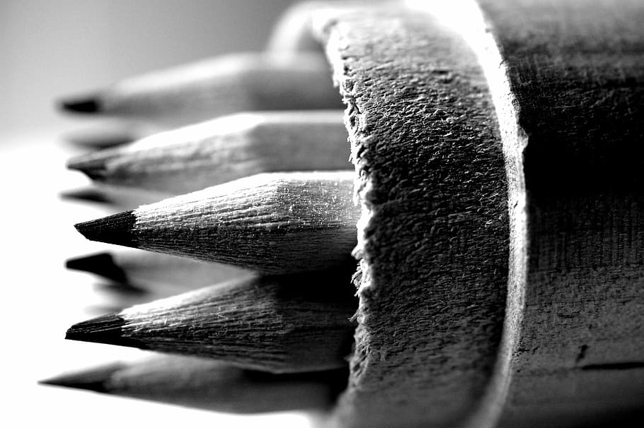 Fotografía en escala de grises, lápices, lápiz, color, sacapuntas, arte, dibujo, diseño, blanco y negro, monocromo