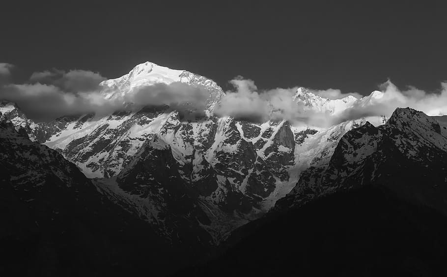 himalayas, black and white, landscape, mountains, nature, kalpa, kinnaur, india, mountain, scenics - nature