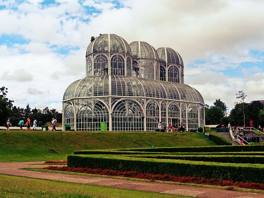 cloudy, sky, white, clear, glass dome building, botanical garden, curitiba, brazil, orangery, cloud - sky