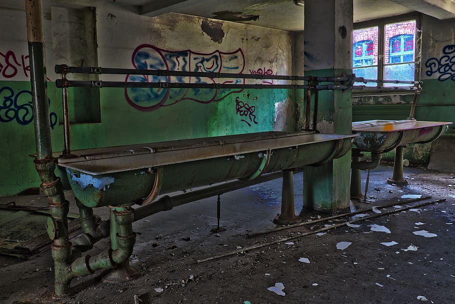 abandoned, industry, graffiti, within, bathroom sink, awake opportunity, washroom, water pipes, lines, architecture