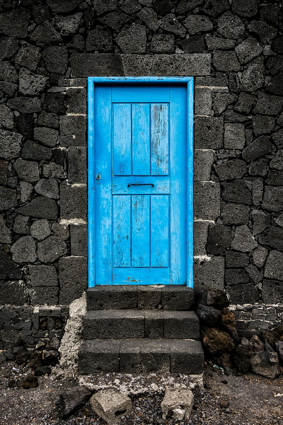 blue, wooden, door, gray, concrete, structure, goal, old door, wood, input