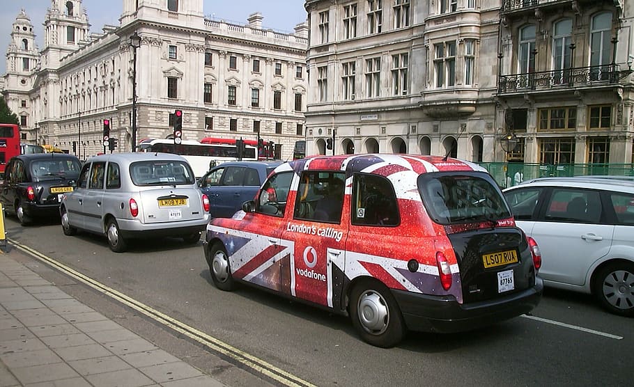taxi cabs, street, london, taxi, capital, england, united kingdom, union jack, flag, city