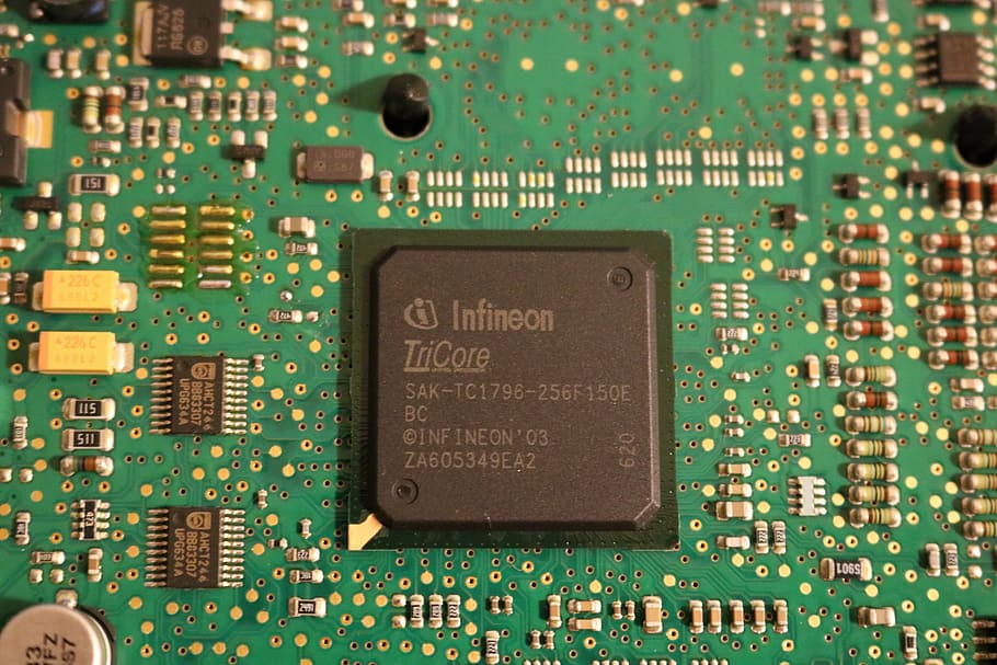 green, black, infineon tricore, central, processing unit, cpu, processor, chip, computer, ic