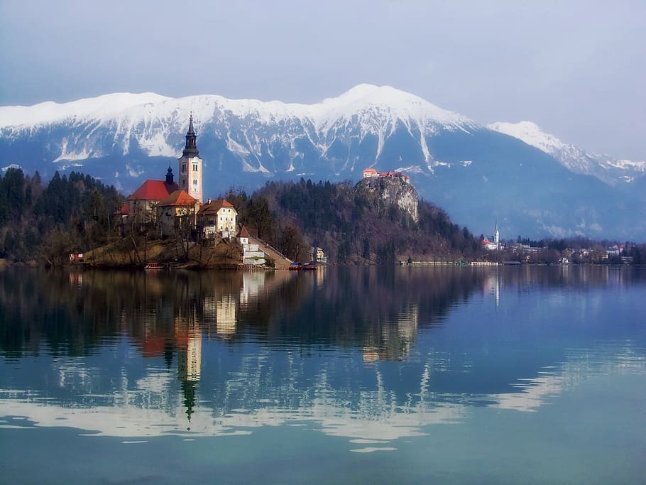 village, body, water painting, blejski otok, slovenia, mountains, snow, lake, water, reflections