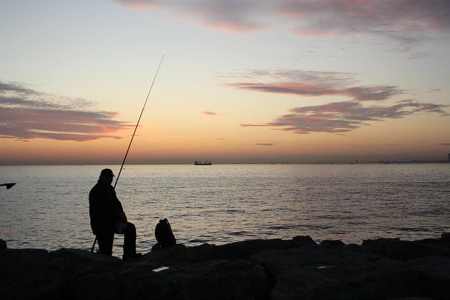pescador, puesta de sol, tarde, mar, pavo, estambul, pesca, agua, cielo, caña de pescar