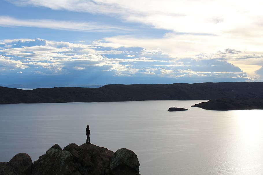 lake, titicaca, sunset, nature, water, rock, beauty in nature, sky, one person, solid