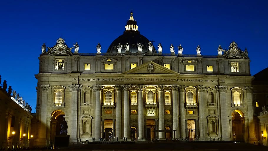 Italia, Roma, arquitectura, edificio, basílica de San Pedro, cristianismo, religión, exterior del edificio, estructura construida, iluminado