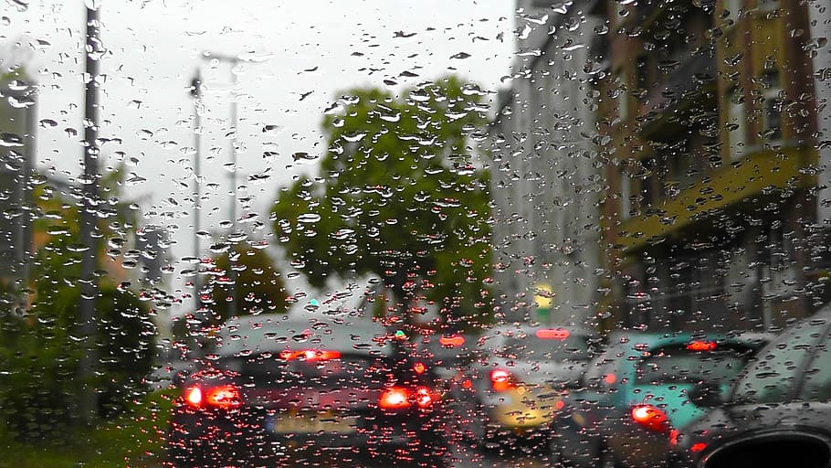 ventana del vehículo, cubierta, gotas de agua, lluvia, gota de lluvia, tráfico, unidad, mojado, luz de fondo, atasco