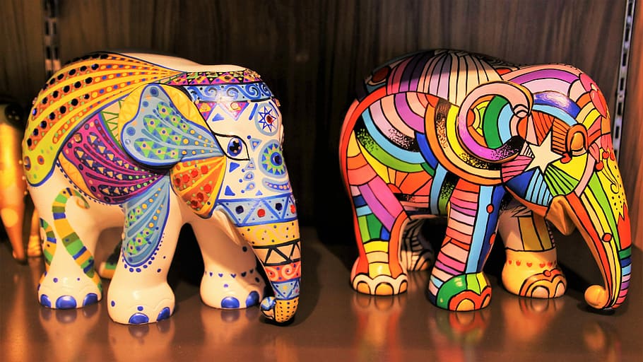 two, multicolored, elephants table decor, the figurine, the art of, animal, elephant, traditional, color, model