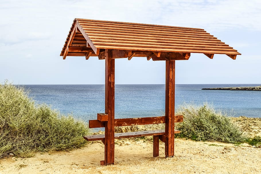 bench, kiosk, wooden, view point, national park, cavo greko, cyprus, sea, beach, wood - Material