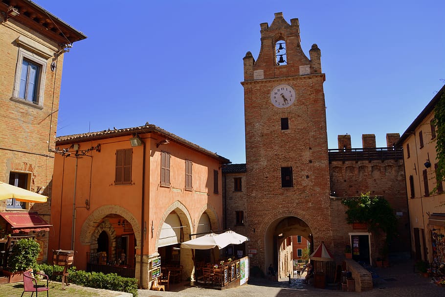 torre, arloji, abad pertengahan, pintu, busur, entri, kastil, gradara, Italia, arsitektur