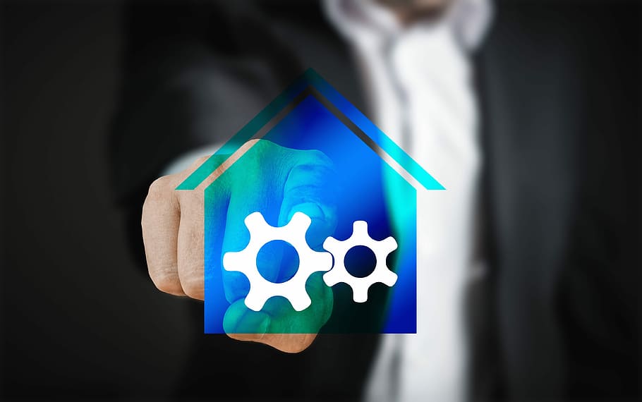 ilustração da casa azul, casa inteligente, casa, tela sensível ao toque de tecnologia, dedo do homem, controle, impostos, interruptor, ligue, toque