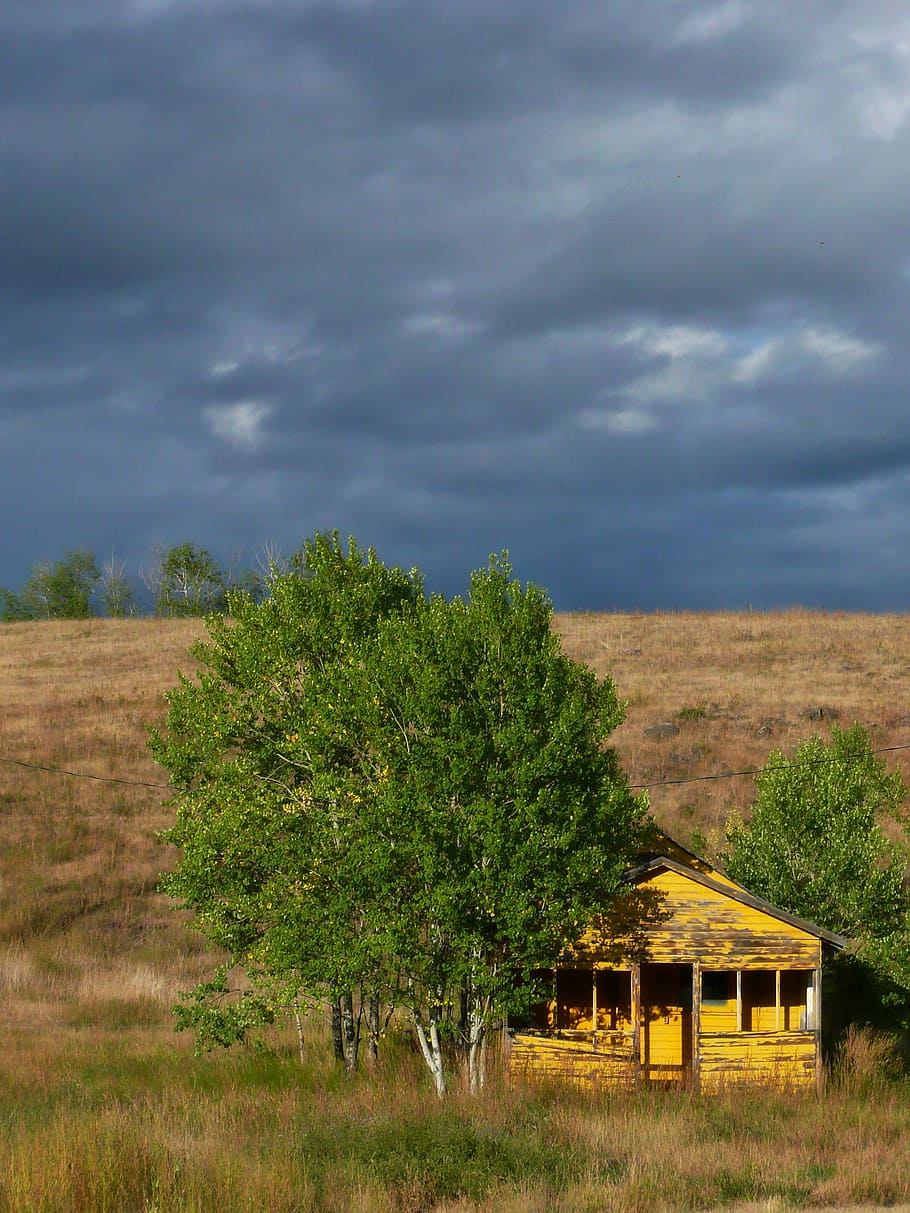 Yellow, Wooden, Shed, Building, wooden shed, thunderstorm, dark clouds, weather, landscape, chilcotin
