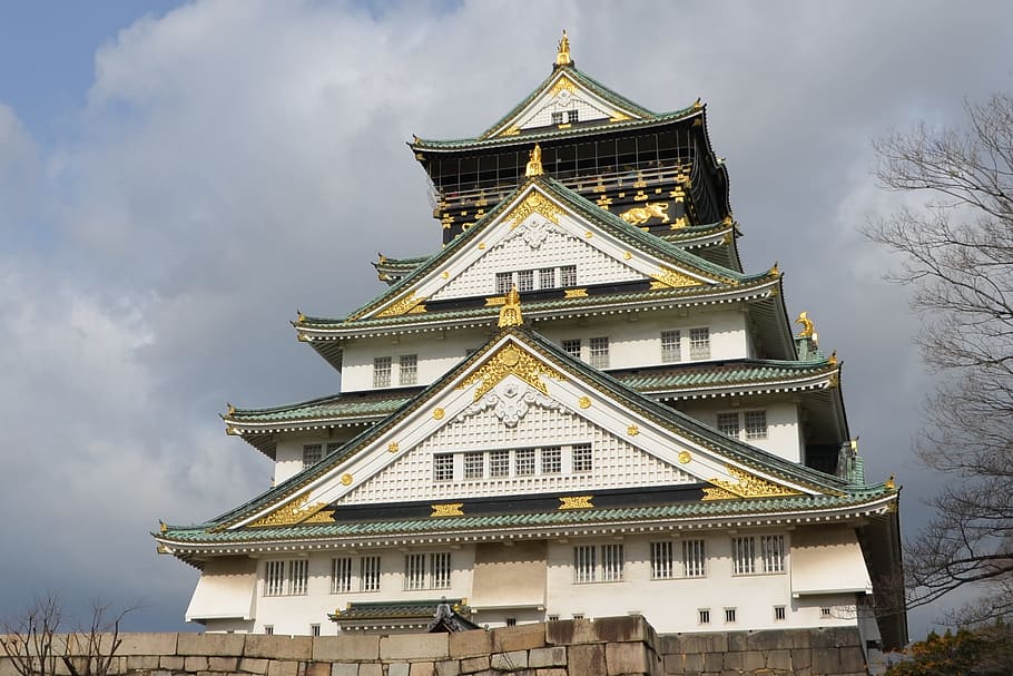 white, concrete, building, cloudy, sky, Osaka Castle, Osaka, Japan, castle, osaka, japan