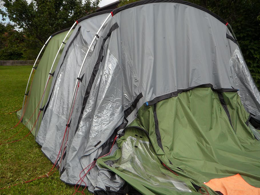 acampar, carpa, quitar, quitar carpa, camping, día, tienda de campaña, color verde, plástico, modo de transporte