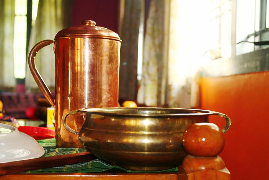 recipiente de cobre, cobre, jarra de agua, jarra de cobre, olla de latón, olla, cocina india, recipientes de cocina, recipientes tradicionales, latón