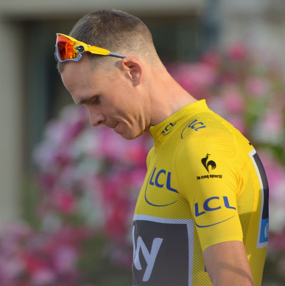 chris froome, yellow jersey, professional road bicycle racer, cyclist, champion, man, people, athlete, focus on foreground, standing