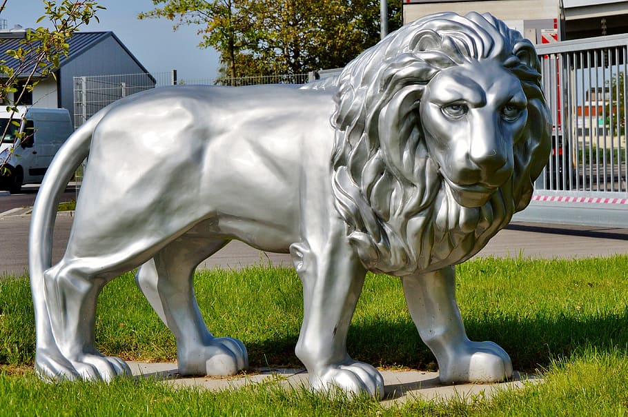 灰色のライオン像, ライオン, 彫刻, 図, 石の彫刻, 岩の彫刻, 石像, 庭の像, 肖像画, 動物