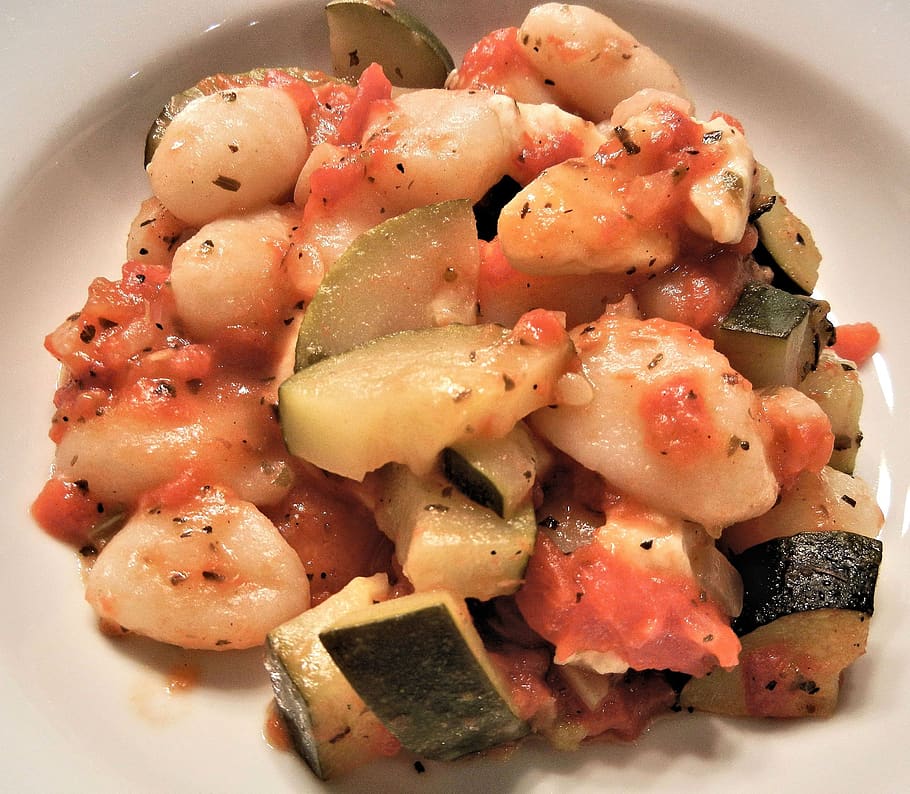 gnocchi, tomatoes, zucchini, buffalo mozzarella, herbs, food and drink, food, ready-to-eat, freshness, healthy eating