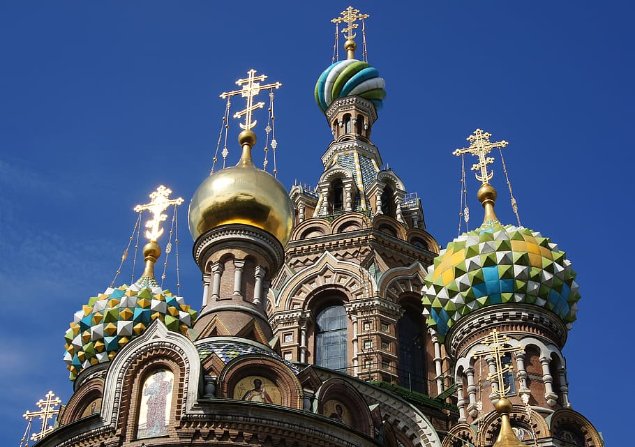 low, angle photography, brown, green, cathedral, st petersburg, spilled blood, church, religion, onion domes
