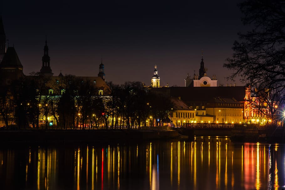 body, water, cityscape, wroclaw, river, odra, poland, town, reflection, night