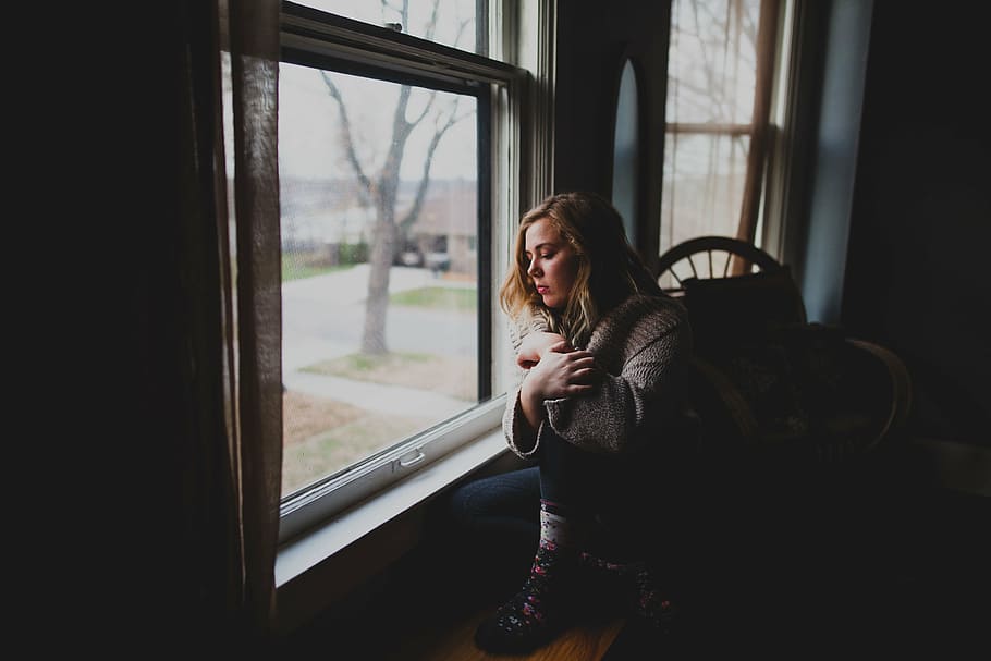 woman, window, watching, outside, photography, gray, jacket, sitting, near, people