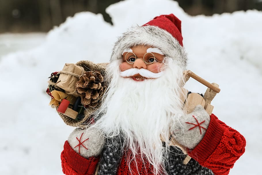 close-up photo, santa clause figurine, snow, santa, winter, christmas, cold, frost, celebration, hat