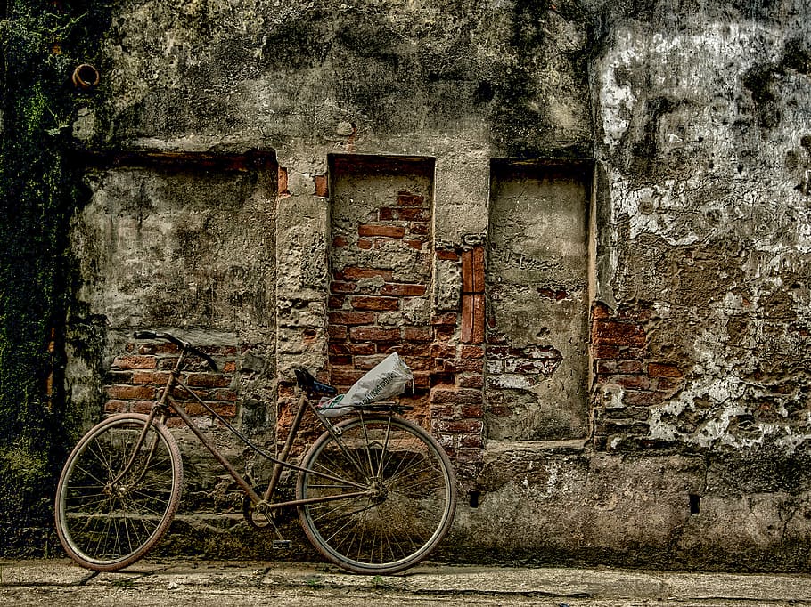 brown, grey, bicycle, parked, concrete, building, bike, wall, airport, country scene